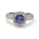 3.70 Ct. 18K White Gold Cushion Cut  Blue  Gemstone Diamond Ring